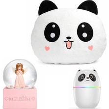 Panda Temalı Dekoratif Tasarıma Sahip Hediye Seti – Peluş Panda Yastık + Buhar Makinesi Nemlendirici + Melek Figürlü Kar Küresi | Dekoratif Hediye Seti
