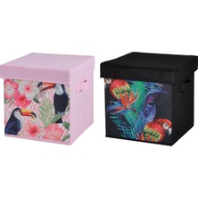 Uravas Store Oyuncak Kutusu 2 Li Set Saklama Kutusu Kapaklı Papağan Desen Kumaş 28X28X28CM