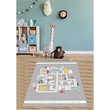 Uravas Store Pelangi Araba Yollu Yıkanabilir Kaymaz Taban Leke Tutmaz Çocuk Odası Halısı, Gri-Beyaz-Sarı-Mavi 120 x 200