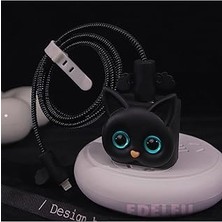 Uravas Store Psr Aksesuar Siyah Kedi Şarj Kılıfı, Şarj Kablosu Örme Aparatı, Toparlayıcı, Kablo Koruyucu iPhone 18W/20W ile Uyumlu