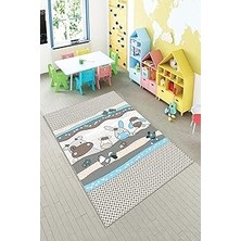 Uravas Store Pelangi Gri Sevimli Hayvanlar Desenli Yıkanabilir Kaymaz Taban Leke Tutmaz Çocuk Odası Halısı, Gri-Mavi 80 x 200, 90135718080200