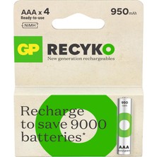 Uravas Store Gp Batteries Recyko 950 Aaa Ince Kalem Ni-Mh Şarjlı Pil, 1.2 Volt, 4'lü Kart