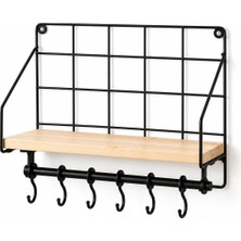 Uravas Store Orret Home Duvara Asılabilir Yapışkanlı Raf ve 6 Kancalı Organizer, Ahşap Raflı Metal Mutfak Düzenleyici, Delmeden Monte Edilebilir Askılı Duvar Rafı, Baharatlık, Havluluk, Bardaklık