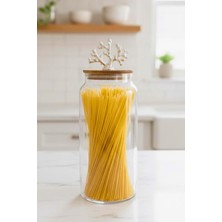 Uravas Store 1400 ml Borosilikat Cam Kavanoz - Gümüş Mercan Figür Bambu Kapaklı Lüks Saklama Kabı