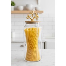Uravas Store 1400 ml Borosilikat Cam Kavanoz - Altın Mercan Figür Bambu Kapaklı Lüks Saklama Kabı