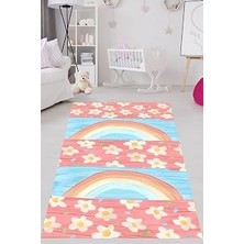 Uravas Store Pelangi Renkli Çiçekler ve Gökkuşağı Yıkanabilir Kaymaz Taban Leke Tutmaz Çocuk Odası Halısı, Mavi-Pembe 80 x 200