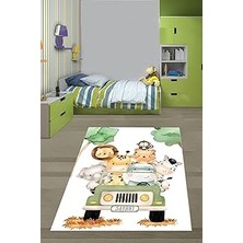Uravas Store Pelangi Safari Hayvanlar Fil Aslan Zürafa Yıkanabilir Kaymaz Taban Leke Tutmaz Çocuk Odası Halısık, Yeşil-Beyaz-Gri 160 x 230, 76420041602301