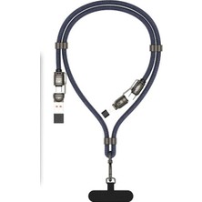 Uravas Store Pdateknoloji 2 In 2 Usb-A, Type-C To Type-C, Lightning ile Uyumlu Boyun Askılı Turbo Şarj ve Data Kablosu Lacivert 1.5m MT2515L