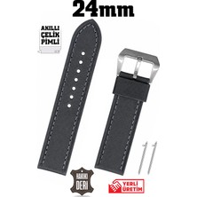 Saatse 24MM Antrasit Gri Spor Hakiki Deri Saat Kordonu Kayış Akıllı Pimli