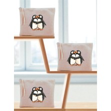 Uravas Store Sarılan Penguenler Baskılı 3'lü Makyaj Çantası 20X25 cm Bej, LH98023749235235234