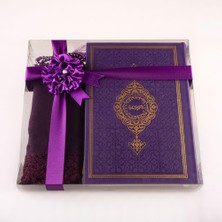 Uravas Store Hayrat Neşriyat Şal + Tesbih + Kuran Hediye Seti (Hafız Boy, Termo Deri, Mor)
