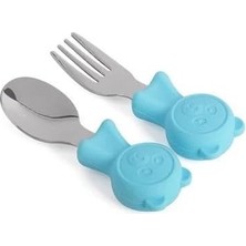 Uravas Store Valkyrie 304 Çelik Panda Bebek Kaşık Çatal Setisilikon Saplı Bpa Içermez Ergonomik Kaymaz Mavi