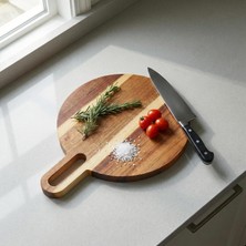 Uravas Store Deconox Doğal Akasya Ahşap Yuvarlak Kesme Tahtası ve Sunum Tepsisi – 21 cm Saplı Pratik Doğrama Panosu, Peynir Tabağı ve Pizza Servis Tahtası