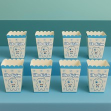 Uravas Store Ilk Dişim Mavi Temalı Popcorn Kutusu, 8'li Set, Erkek Bebek Diş Buğdayı Partisi, Kağıt Materyal