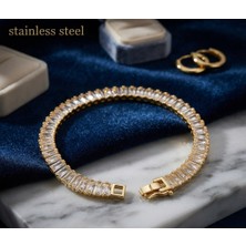 Stainless Steel Gold Renk Zirkon Baget Taşlı Çelik Bileklik