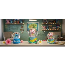 Ayder Online Satış 9cm-6cm Işıklı Pembe ve  Mavi Renk ve Sarı ALTLIK)(11CM X7 Cm)–pilli Pembe Işıklı Hediyelik-Dekoratif 3 Lü Stitch Kar Küresi