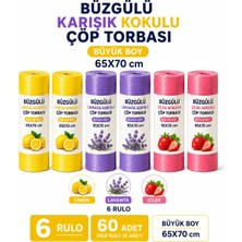 Liva Ambalaj Büzgülü Kokulu Çöp Torbası Büyük Boy 65X70 cm - 6 Rulo 60 Adet (Limon, Lavanta, Çilek)