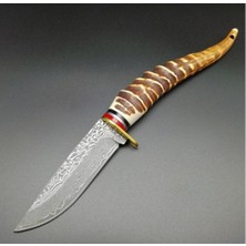 Alpargos Damascus Kemik Saplı Outdoor Bıçak Deri Kılıfı Ile L302 24,5 cm