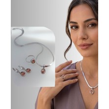 Luna Luster 925 Ayar Gümüş Işıltılı Zultanit Taşlı Damla Tasarım Kadın Mücevher Set Kolye Küpe Yüzük
