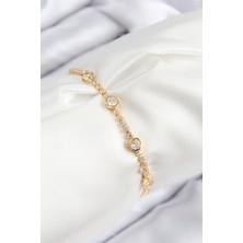 Clariss Pirinç Zirkon Taşlı Daire Model Gold Renk Asansörlü Kadın Bileklik
