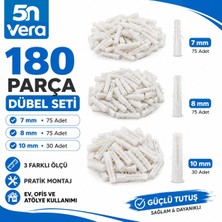 5n Vera 180 Parça Plastik Dübel Seti | 7 mm 75 Adet + 8 mm 75 Adet + 10 mm 30 Adet | Duvar Beton Tuğla Montaj Dübeli | Vida Dübel Sabitleme Seti