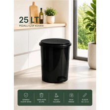 Loremp 25 Lt Pedallı Plastik Çöp Kovası Dayanıklı, Hijyenik Ev & Ofis Çöp Kutusu Siyah