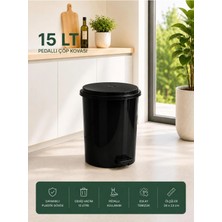 Loremp 15 Lt Pedallı Plastik Çöp Kovası Dayanıklı, Hijyenik Ev & Ofis Çöp Kutusu Siyah