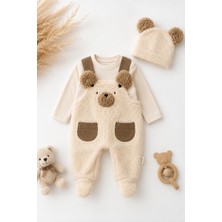 Masilya Brand Bebek Ayıcık Detaylı Peluş Tulum Şapka ve Pamuklu Sweat 3 Parça Takım