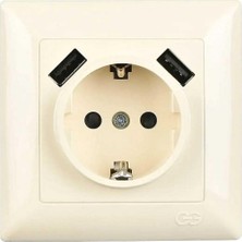 Renas Store Visage 2 USB Çıkışlı Çocuk Korumalı Topraklı Priz, 5V, 2.4A, Krem