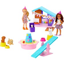 Renas Store Barbie Chelsea Köpekçiğin Doğum Günü Oyun Seti, 2 Küçük Bebek, Köpek Kulübesi, Yavru Köpekler ve 15'ten Fazla Parti Aksesuarı Ile, HJY88