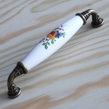 Renas Store BADEM10 Gerçek Porselen Çiçekli Beyaz 128 mm Kulp Mobilya Mutfak Kulplar Dolabı Çekmece Dolap Kapak Kulpu