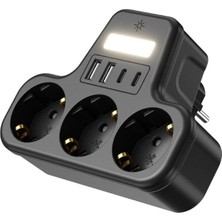 Renas Store LED Gece Işıklı 3680 W Priz Adaptörü - 3'lü Akım Korumalı Priz + 2 USB ve 2 Type-C Girişli, Kablosuz Duvar Tipi Çoklu Şarj Adaptörü, Kısa Devre Koruma, Kompakt Tasarım