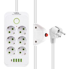 Renas Store 6'lı Akım Korumalı Priz, Beyaz, 1.5 Metre Kablo, 4 USB ve Type-C Portlu, 3000W, 16A Kapasite