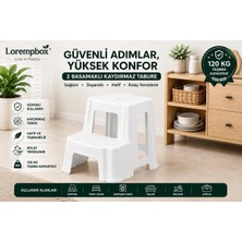 Loremp 2 Basamaklı Kaydırmaz Plastik Tabure | 120 kg Taşıma Kapasiteli | Çok Amaçlı Basamak ve Oturma Taburesi Beyaz