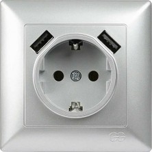 Renas Store Visage 2 USB Çıkışlı Çocuk Korumalı Topraklı Priz, 5V, 2.4A, Gümüş