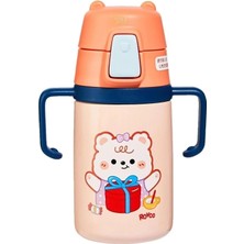 Renas Store Rovco 400ML Silikon Pipetli Sevimli Ayıcıklı Boyun Askılı Bebek Kulplu Paslanmaz Çelik Termos (Turuncu)