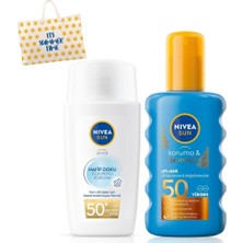 Renas Store Nıvea Sun Hafif Dokulu Güneş Yüz Kremi 40ML ve Koruyucu Bronzlaştırıcı Güneş Spreyi 200ML, SPF50, Çantalı