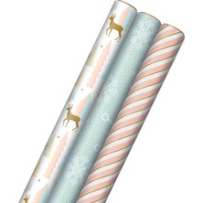Renas Store Hallmark Ters Kesilmiş Çizgiler ile Pembe Noel Ambalaj Kağıdı (3 Rulo: 120 Sq. Ft. Ttl) Pembe, Nane, Altın, Ren Geyiği, Noel Ağaçları, Kar Taneleri