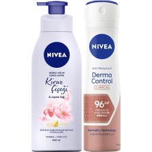 Renas Store Nıvea Kadın Sprey Deodorant Derma Control Clinical 150ML, Kiraz Çiçeği Nemlendirici Vücut Losyonu 400ML