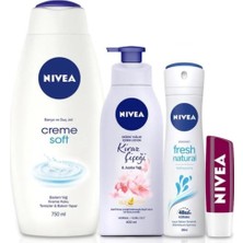 Renas Store Nıvea Banyo Seti,cream Soft Duş Jeli 750 Ml,fresh Natural Kadın Deodorant 150 Ml,vücut Losyonu 400 Ml,böğürtlen Dudak Bakım Kremi ve Banyo Terliği Hediye!