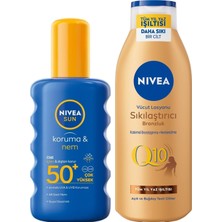 Renas Store Sun SPF50 Güneş Koruyucu Vücut Spreyi 200ML ve Q10 Sıkılaştırıcı Bronzlaştırıcı Vücut Losyonu 250ML