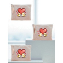Renas Store Kalp ve Civciv Baskılı 3'lü Makyaj Çantası 20X25 Cm, LH9873240235235234123