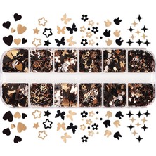 Renas Store Siyah ve Gold Tırnak Süsleme Folyo Pulları Karışık Dizayn Kelebek Kalp Tavşan Yıldızlar Nail Art