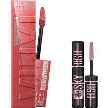 Renas Store Maybelline New York Super Stay Vinyl Ink Uzun Süre Kalıcı Likit Parlak Ruj 15 Peachy & Mini Lash Sensational Sky High Cosmic Black Maskara Makyaj Seti