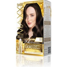 Renas Store Maxx Deluxe Gold Serisi 24K Altın Parçacıklı Serum ile 1 Kutu 2 x 50 ml ve Geliştiriciler Saç Boyası (Kahve 4.0)