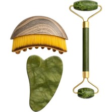 Renas Store Mucit Home Lenf Drenaj Kuru Fırça ve Yeşim Taşı Roller 3 Lü Set Yüz, Boyun, Göz ve Vücut Masaj Aleti