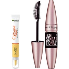 Renas Store Maybelline New York Lash Sensational Yelpaze Etkili Intense Black Maskara - Ekstra Siyah & C Vitamini Parlak Aydınlatıcı Göz Kremi Set