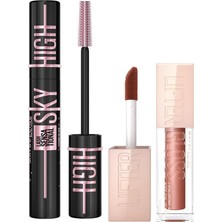 Renas Store Maybelline New York Lash Sensational Sky High Cosmic Black Maskara + Lifter Gloss Nemlendirici Dudak Parlatıcısı- 009 Topaz Makyaj Seti