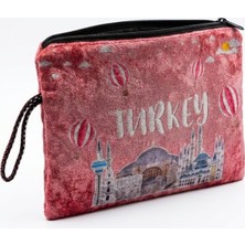 Renas Store Turkey Yazılı Balon ve Cami Desenli Kadife El Çantası - Fermuarlı Pembe Çingene Kadife Makyaj Çantası, Seyahat Organizeri Pouch ve Hediyelik Cüzdan