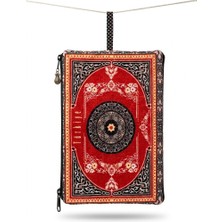 Renas Store Türkiye Yazılı Otantik Türk Halı Motifli Fermuarlı El Çantası - Kırmızı Kilim Desenli Kadın Makyaj Çantası, Portföy Cüzdan ve Seyahat Organizeri Pouch
